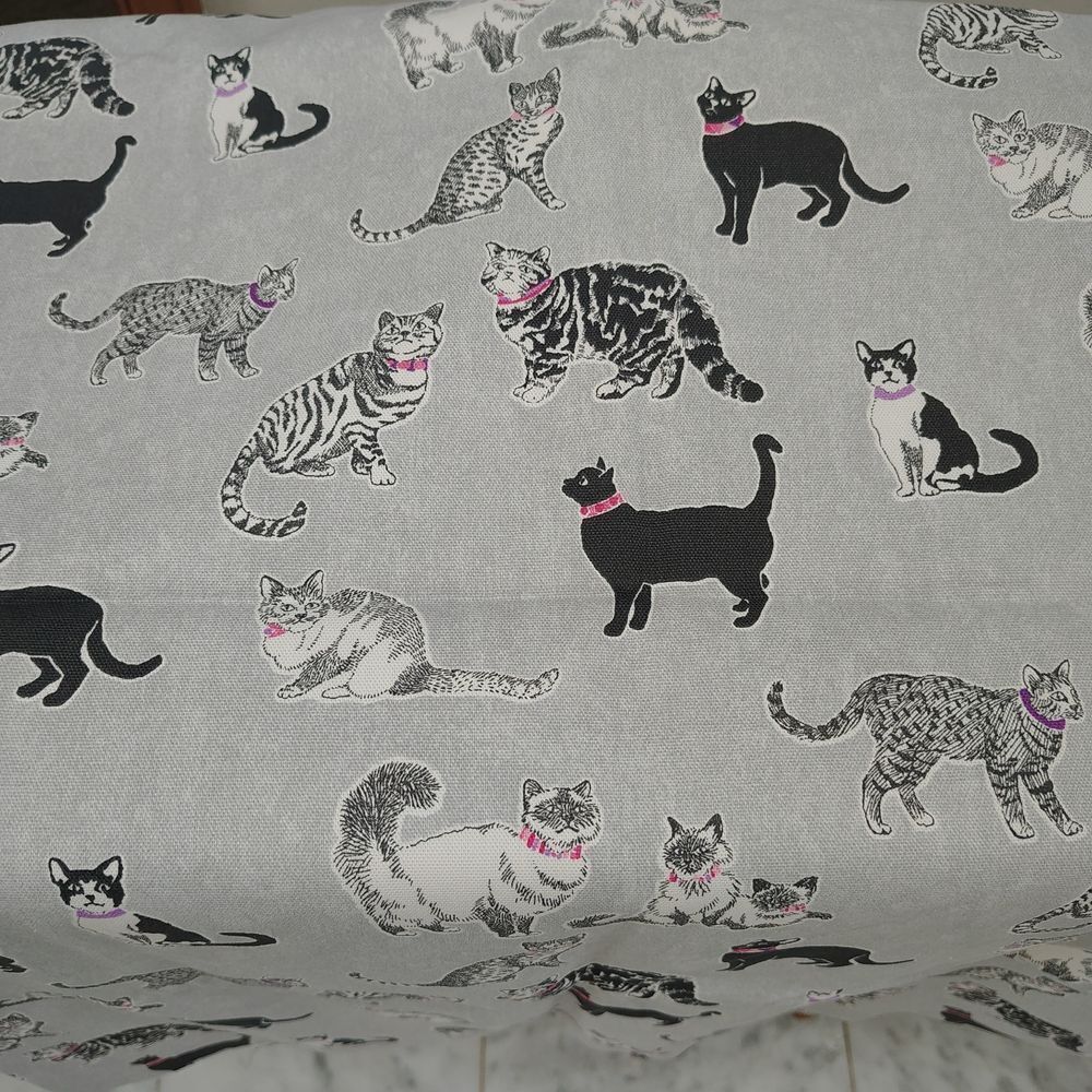 Gray Cat Patterned Fabric One Yard Cotton